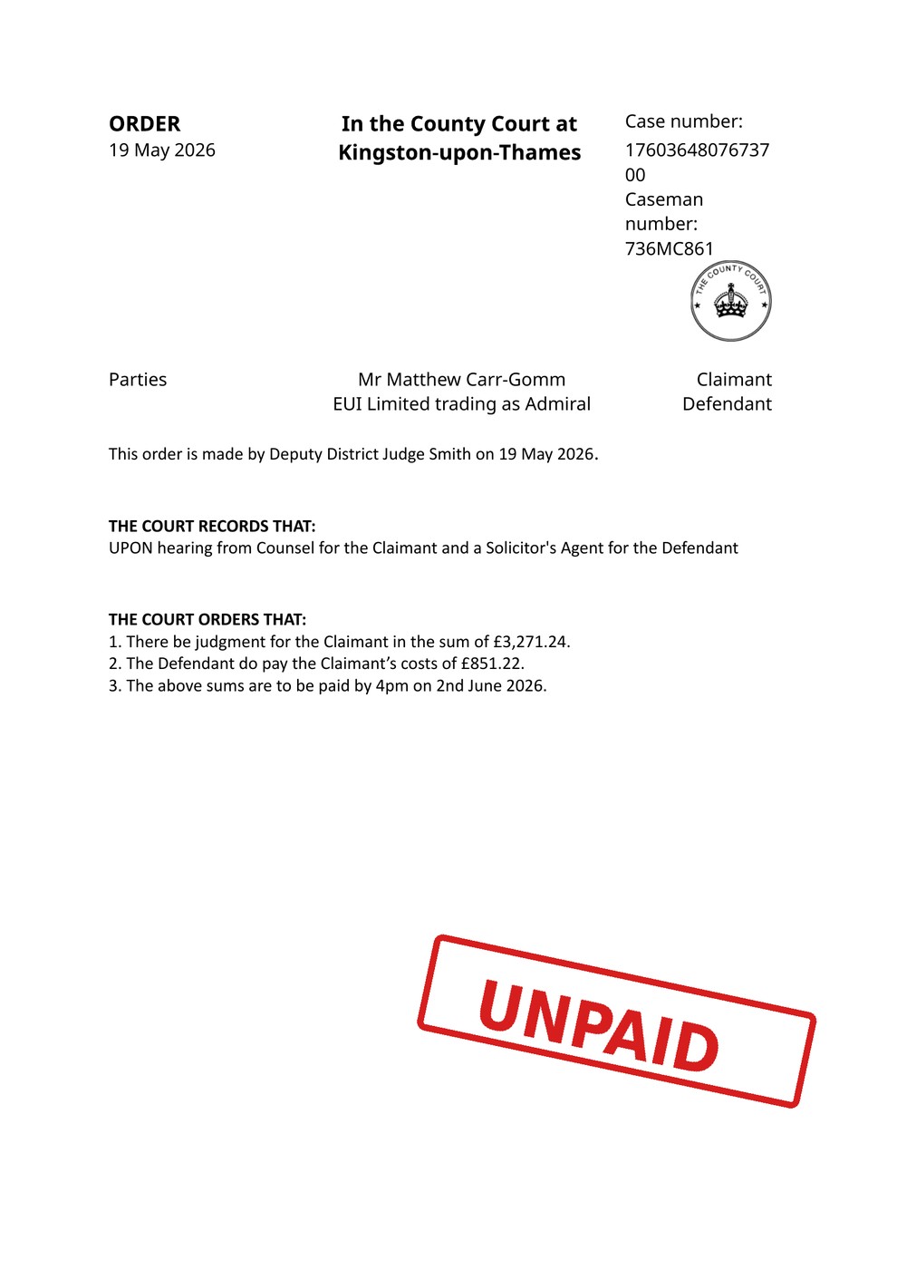 County Court Order dated 19 May 2026 marked unpaid