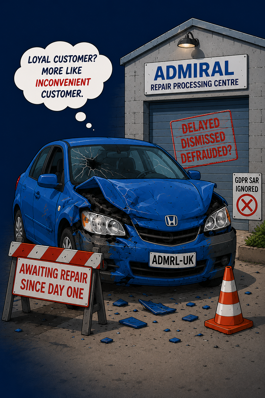 Illustration of a damaged blue car awaiting repair